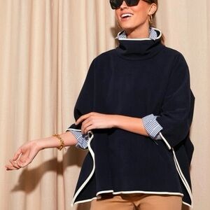 Tuckernuck Navy Leather Trim Funnel Neck Piper Poncho NWT